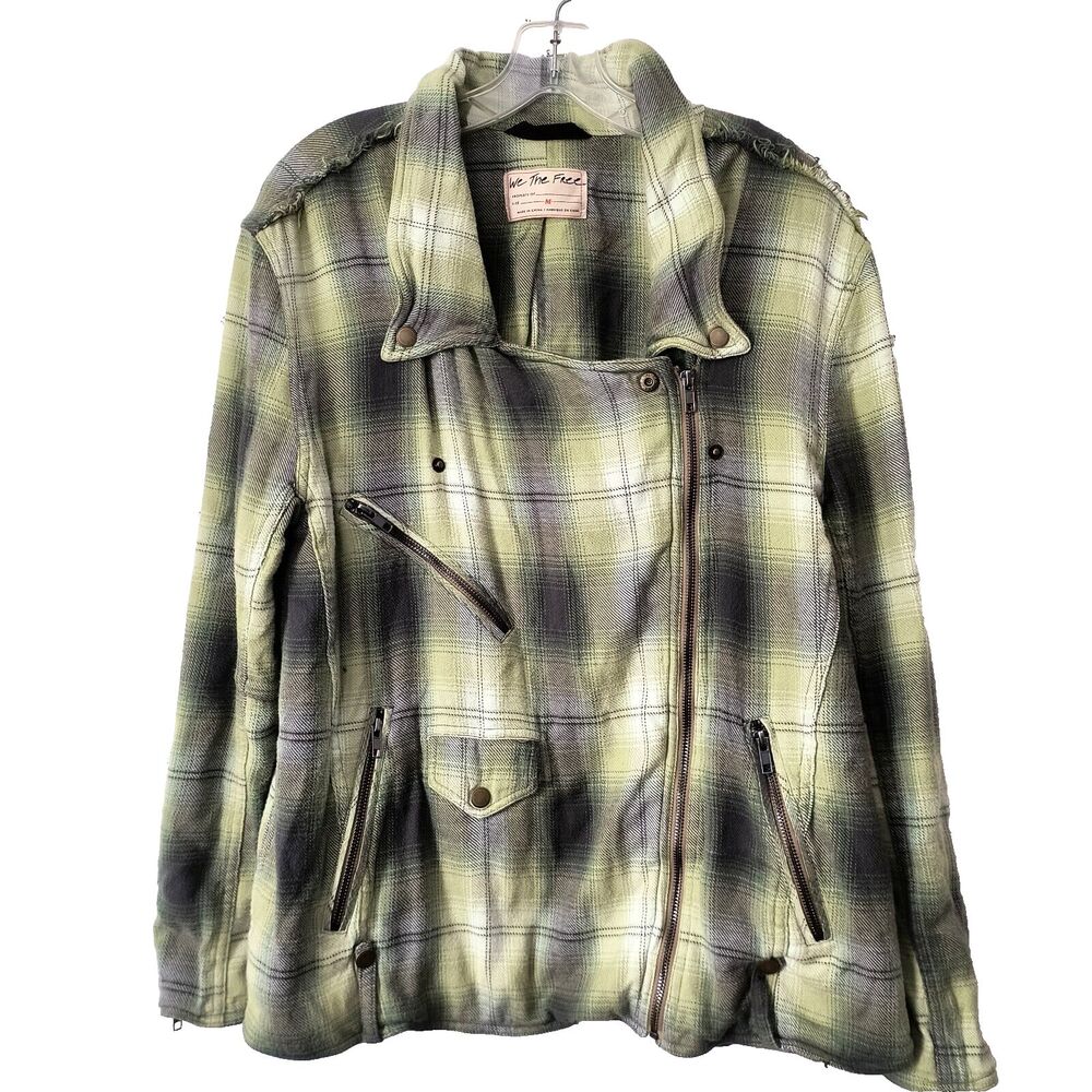 Free People Jacket Sz Small Green Plaid We the Free Carmen Moto Oversize Fringe